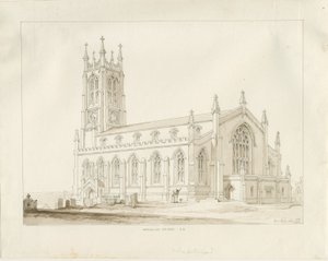 Igreja Wordsley: desenho sépia de Thomas Peploe Wood