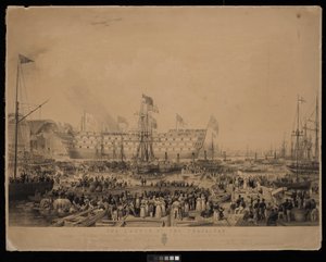 Lançamento do Trafalgar, na presença de Sua Graciosa Majestade a Rainha Vitória e Sua Alteza Real o Príncipe Alberto, no Estaleiro H.M. Dock, Woolwich... de Thomas Picken