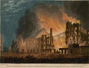 A destruição de ambas as Casas do Parlamento como visto de Abingdon Street