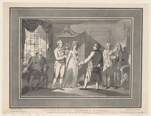 Capitão Bowling apresentado a Narcissa, 12 de maio de 1800., 12 de maio de 1800. Criadores: Thomas Rowlandson, Joseph Constantine Stadler. de ThomasThomas Rowlandson, Joseph Constantine Stadler Thomas Rowlandson, Joseph Constantine Stadler