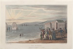 Banho de mar, de Poetical Sketches of Scarborough, 1813., 1813. Criadores: Thomas Rowlandson, Joseph Constantine Stadler, J. Bluck. de Thomas Rowlandson, Joseph Constantine Stadler, J. Bluck