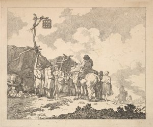 Uma Feira - Um Grupo de Ciganos - Homens e Mulheres em Roupas Rústicas na Frente de Dois Temas Improvisados ..., 1786. de Thomas Rowlandson