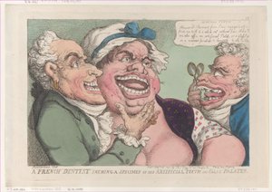 Um dentista francês mostrando um espécime de seus dentes artificiais e palatos falsos..., 26 de fevereiro de 1811. de Thomas Rowlandson