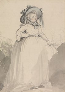 Uma senhora com um vestido branco, usando um chapéu azul de Thomas Rowlandson