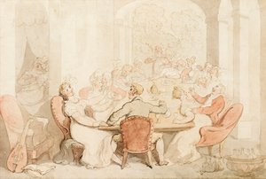 Um almoço estridente em uma casa de campo (tinta e tinta colorida no papel) de Thomas Rowlandson