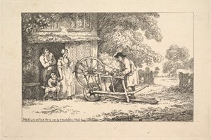 Um afiador de facas itinerante à porta de uma cabana de Thomas Rowlandson