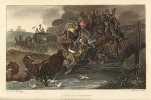 Uma Viagem a Scarbro: Uma carruagem com bagagens e passageiros conduz para dentro de um lago. Gravura em chapa de cobre colorida à mão por Thomas Rowlandson, aquatint por J. Bluck, depois de um esboço de J. Green do Poetical Sketches de Scarborough, Ackerm de Thomas Rowlandson