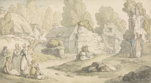 Uma cena de aldeia com figuras e edifícios em ruínas (aquarela, caneta e tinta e lápis no papel) de Thomas Rowlandson