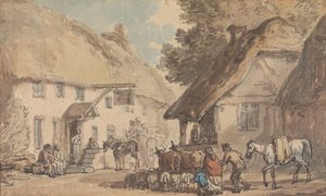 Uma rua de uma aldeia por onde passam gado e ovelhas de Thomas Rowlandson