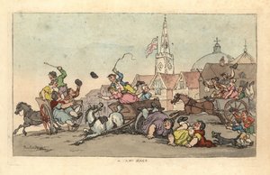 Uma corrida de carros numa cidade inglesa com um acidente na proa de Thomas Rowlandson
