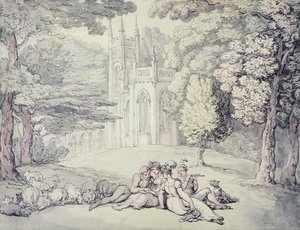 Um colégio verde com um grupo de donzelas e jovens cavalheiros em primeiro plano, c.1810-15 (caneta e tinta e aquarela sobre lápis no papel) de Thomas Rowlandson