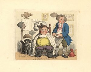 Barbeiro e cliente em uma barbearia decorada com perucas. de Thomas Rowlandson
