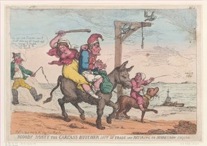 Bloody Boney, o carniceiro de carcaças, deixou o comércio e se retirou para a ilha do Espantalho,..., 12 de abril de 1814. de Thomas Rowlandson