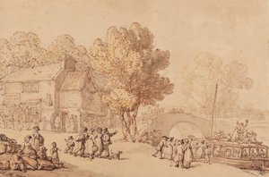 Embarcando em um Ferry Boat, c.1810 (lápis, tinta, pincel e wc no papel) de Thomas Rowlandson