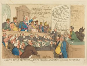 O julgamento, a sentença e o discurso de despedida de Boney de Thomas Rowlandson