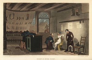 Boot and Shoe Shop: Clientes mulheres a experimentar sapatos e botas na Leatherhead cobblers. Gravura em chapa de cobre colorida à mão por Thomas Rowlandson, aquatint por J.C. Stadler, depois de um esboço de J. Green do Poetical Sketches de Scarborough, Ac de Thomas Rowlandson