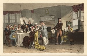 Sala de pequenos-almoços do Old Bell Inn, Scarborough. Os hóspedes bebem café, lêem jornais, tomam o pequeno-almoço numa sala de Regency. Gravura em chapa de cobre colorida à mão por Thomas Rowlandson, aquatint por J. Bluck, após um esboço de J. Green do P de Thomas Rowlandson