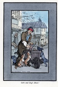 O açougueiro itinerante cortando um pedaço de carne, disse que cães e gatos atacam a roda do seu carrinho de mão. Gravura em madeira, baseada num quadro de Thomas Rowlandson (1756-1827), publicado em The Cris of London: com seis crianças encantadoras e qua de Thomas Rowlandson