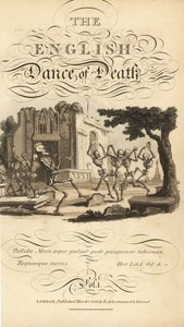 Título caligráfico e vinheta de esqueletos dançando com pandeiros e chifres num cemitério perto de uma igreja em ruínas. Placa de cobre colorida à mão desenhada e gravada por Thomas Rowlandson de The English Dance of Death, Ackermann, Londres. de Thomas Rowlandson