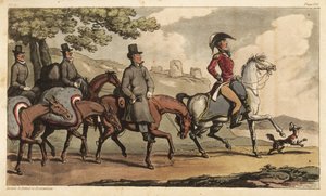 O Capitão Johnny Newcome e os seus criados com cavalos de carga na estrada para Santarém, Portugal, para regressar à Campanha Península. Gravura em chapa de cobre colorida à mão desenhada e gravada por Thomas Rowlandson do Coronel David Roberts