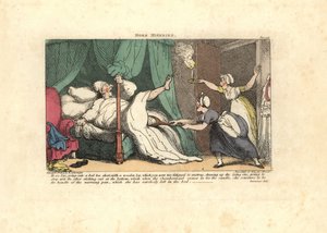 A camareira a puxar a perna de pau de um convidado adormecido. de Thomas Rowlandson