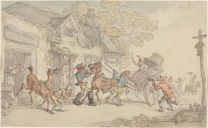 Trocando cavalos em uma casa de correio na França de Thomas Rowlandson