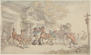 Troca de cavalos numa estalagem na França de Thomas Rowlandson