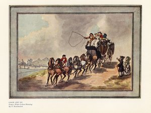Autocarro e seis cavalos com passageiros e bagagem no telhado de Thomas Rowlandson