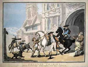 "College Jockies, The Landlord Sweating for his Cattle", pub. por E. Jackson de Thomas Rowlandson