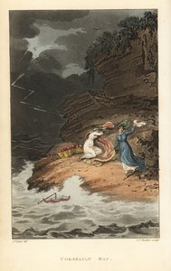 Baía de Cornelian: As mulheres de regência num piquenique são surpreendidas por uma tempestade repentina. Gravura em chapa de cobre colorida à mão por Thomas Rowlandson, aquatint por J.C. Stadler, depois de um esboço de J. Green do Poetical Sketches de Sca de Thomas Rowlandson