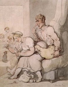 Darning The Sock (caneta e tinta, aguarela) de Thomas Rowlandson