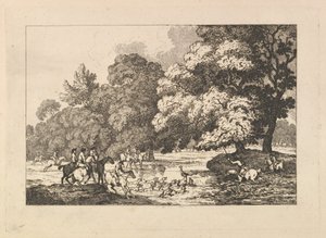 Caça ao veado – Uma paisagem com um veado e cães de caça junto a um rio de Thomas Rowlandson