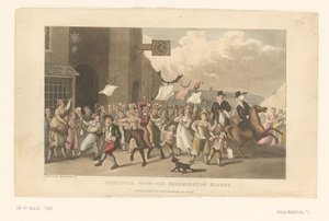 O Doutor Syntax acompanha o charivari montado no seu cavalo de Thomas Rowlandson