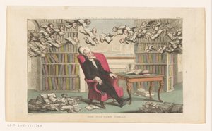 Doctor Syntax slapend in een bibliotheek
The Doctor