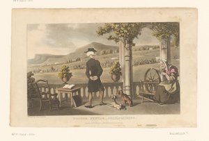 O Doutor Syntax observa atentamente um cortejo na paisagem de Thomas Rowlandson