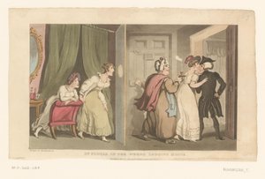 O Doutor Syntax é conduzido através de uma porta por duas mulheres de Thomas Rowlandson