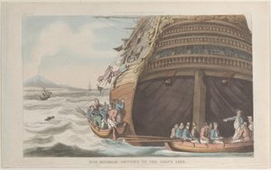 Don Michele subindo o costado do navio, de Nápoles e da Campagna Felice: em um..., 1 de junho de 1815. de Thomas Rowlandson