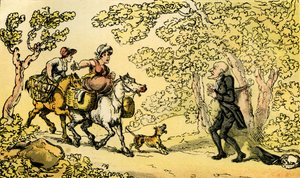 "Dr. Sintaxe ligada a uma árvore por um homem da estrada de Thomas Rowlandson