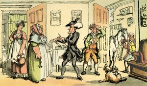"Dr. Syntax disputando sua conta com a senhoria de Thomas Rowlandson