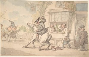O Dr. Syntax com um cavalo teimoso em frente a uma estalagem de Thomas Rowlandson