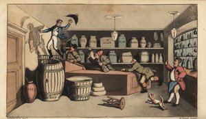 Johnny bêbado perseguido por guardas noturnos numa mercearia prestes a cair num barril de manteiga. Gravura em chapa de cobre colorida à mão por W. Leia depois de uma ilustração de Thomas Rowlandson de Alfred Burton
