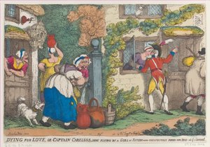 Morrendo de amor, ou capitão descuidado, baleado voando por uma garota de quinze anos que inesperadamente aparece..., 1810. de Thomas Rowlandson