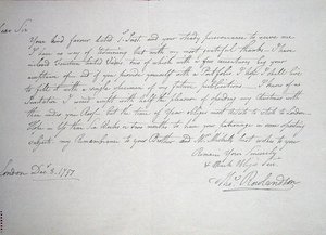 Primeira carta conhecida do artista a um Sr. Downs, um potencial mecenas, 8 de Dezembro de 1797 (caneta e tinta sobre papel) de Thomas Rowlandson