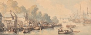 Embarque em Southampton, 20 de junho de 1794 (aquarela e caneta e tinta marrom, cinza e vermelho-marrom sobre grafite em papel tecido creme ligeiramente texturizado) de Thomas Rowlandson