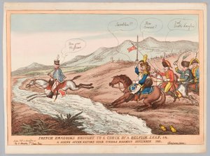 English Manners e French Prudence ou French Dragoons trazidos a um cheque por Belvoir salto Setembro 1811 (gravura, colorido) de Thomas Rowlandson