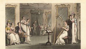 Cavalheiro e senhoras inglesas a ouvir um harpista a um baile de Thomas Rowlandson