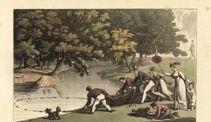 Cavalheiro inglês e pessoal de pesca em um rio de Thomas Rowlandson