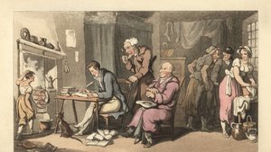 Cavalheiro inglês a escrever uma carta de mendicidade numa sala decrépita de Thomas Rowlandson