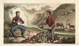 O alferes Johnny Newcome e o seu Subalternos tomam o pequeno-almoço de presunto, carne, biscoitos e aguardente à beira da estrada em Portugal. Gravura em chapa de cobre colorida à mão desenhada e gravada por Thomas Rowlandson do Coronel David Roberts