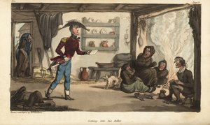 O alferes Johnny Newcome chega ao seu bilhete de Subalternter em Portugal, um casebre com mendigos imundos. Gravura em chapa de cobre colorida à mão desenhada e gravada por Thomas Rowlandson do Coronel David Roberts